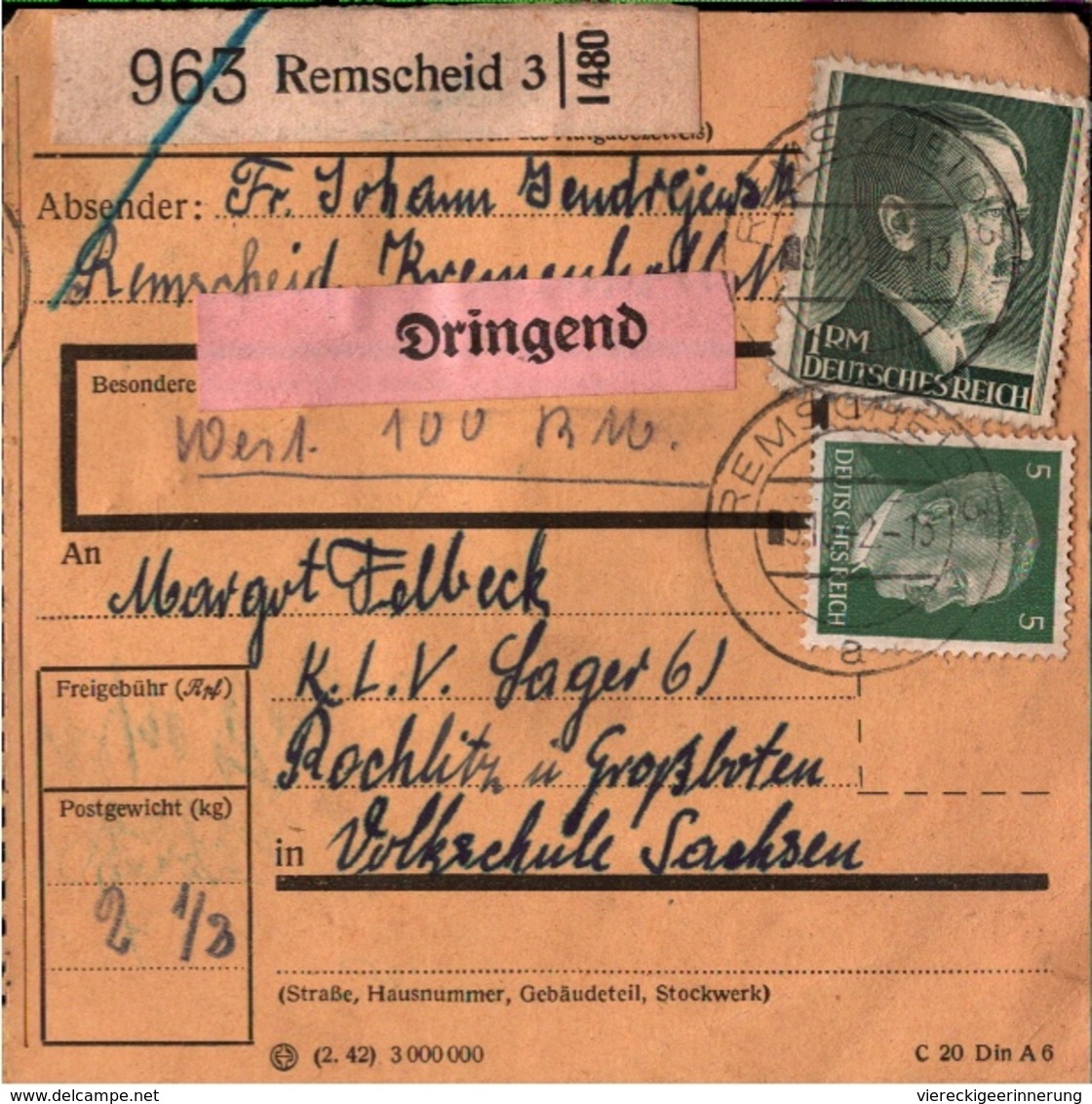 ! 1942  Paketkarte Deutsches Reich Remscheid Nach Rochlitz An KLV Lager - Covers & Documents