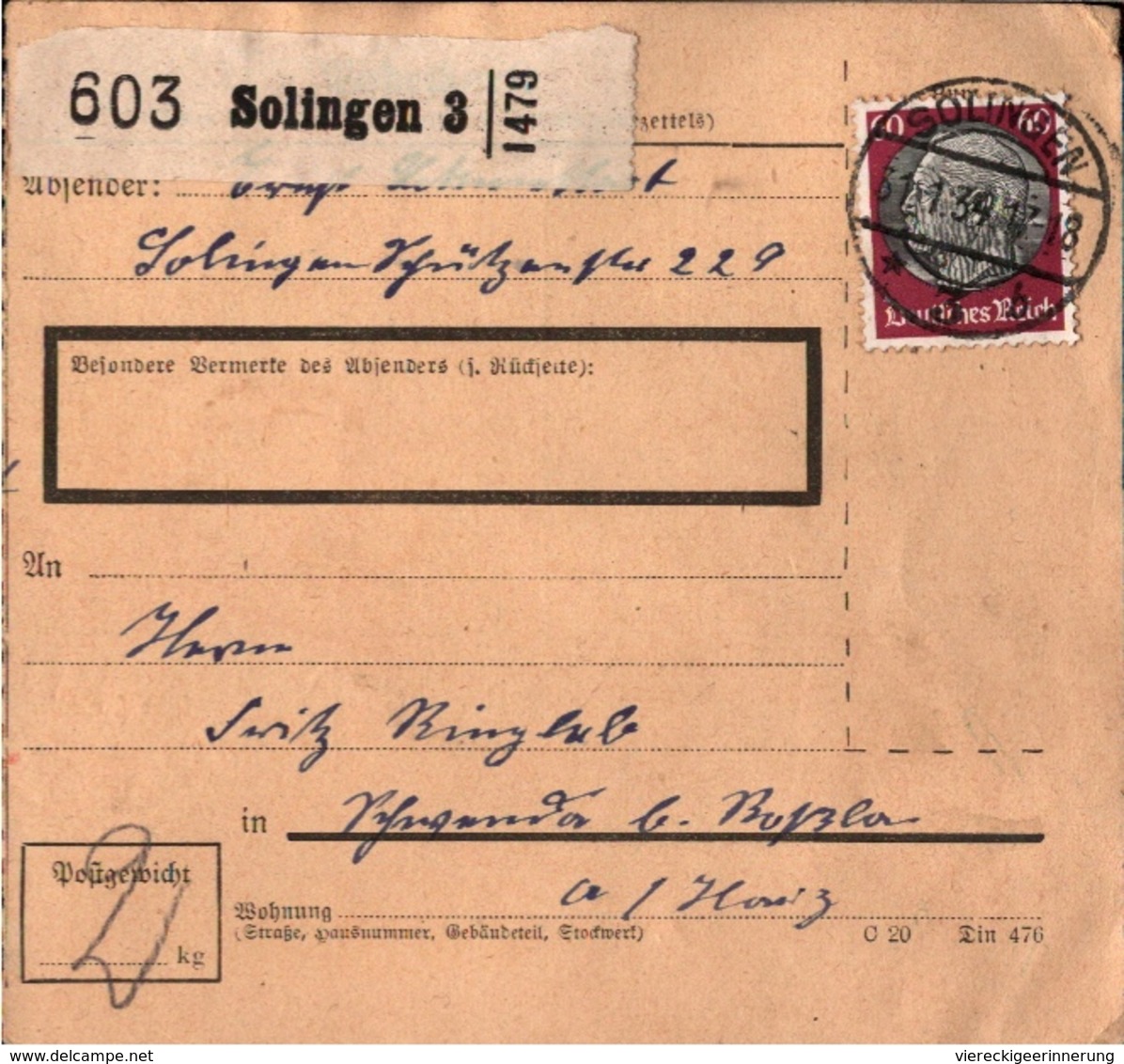 ! 1934 Paketkarte Deutsches Reich Solingen Nach Schwenda über Rossla - Briefe U. Dokumente