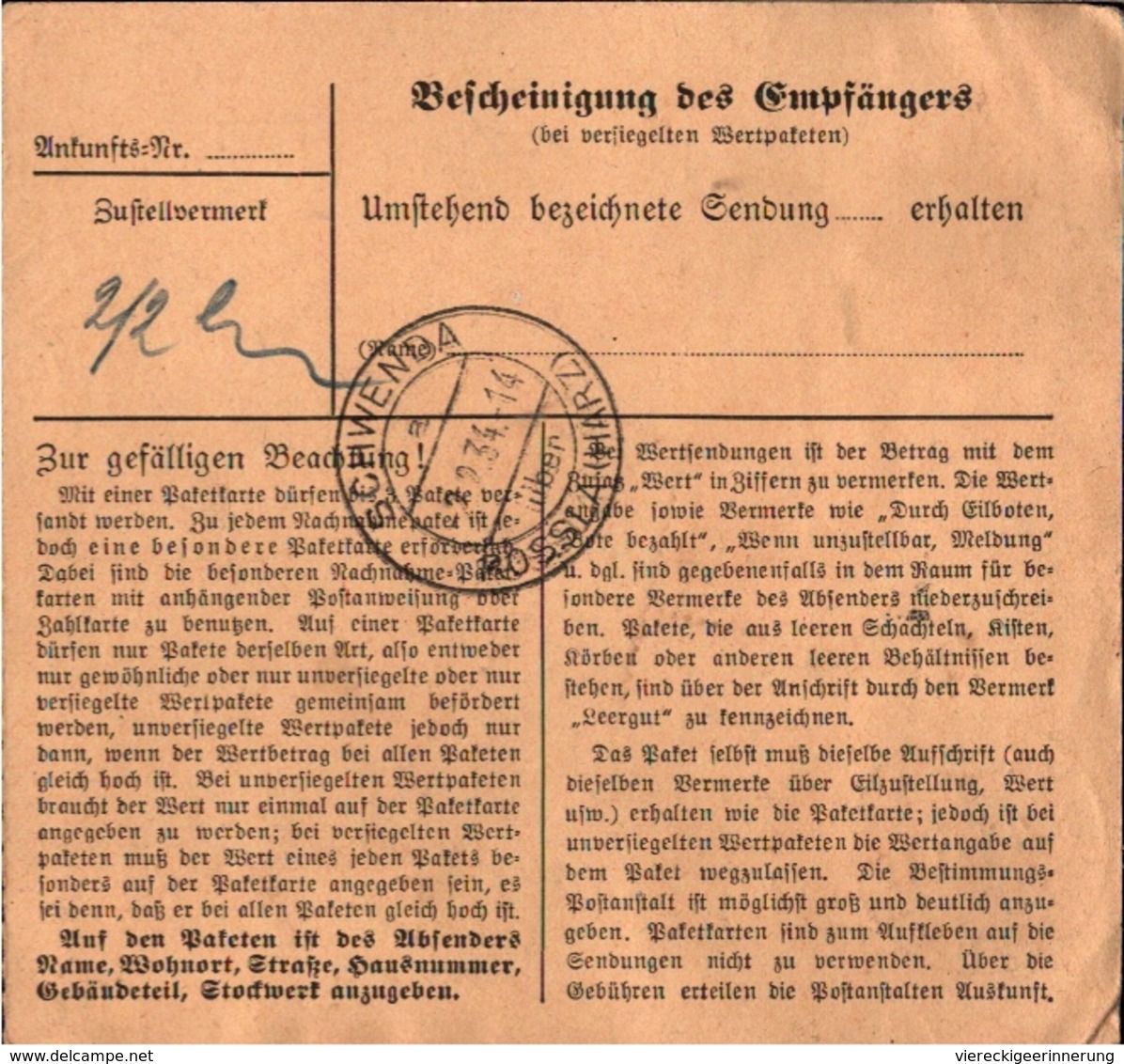 ! 1934 Paketkarte Deutsches Reich Solingen Nach Schwenda über Rossla - Briefe U. Dokumente