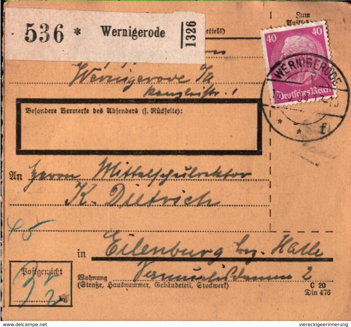 ! 1934 Paketkarte Deutsches Reich, Wernigerode Nach Eilenburg - Storia Postale