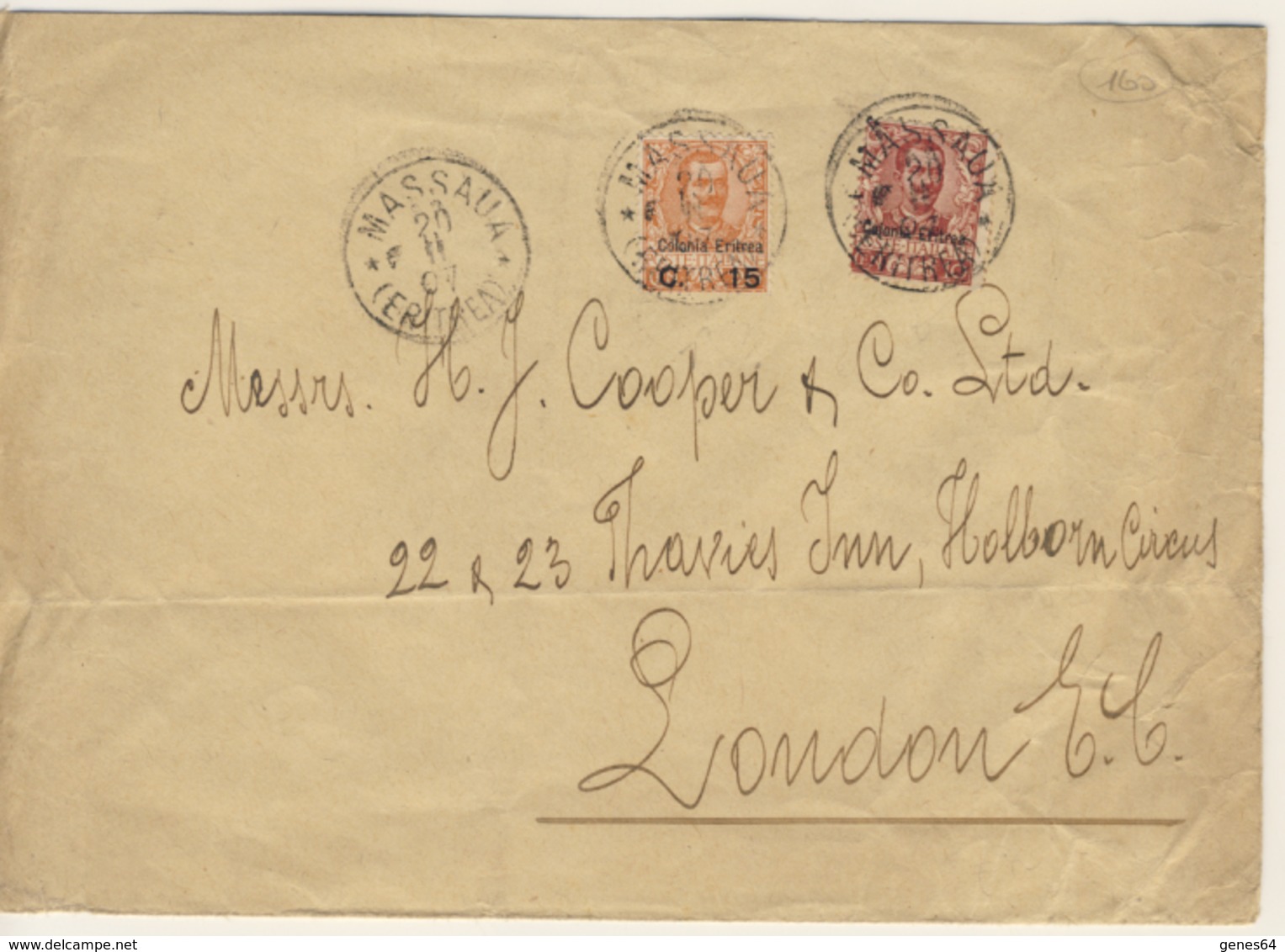 Lettera Da Massaua Per Londra Del 20 Novembre 1907 Con Floreale 10+15 Su 20 Cent. (2 Immagini) - Erythrée