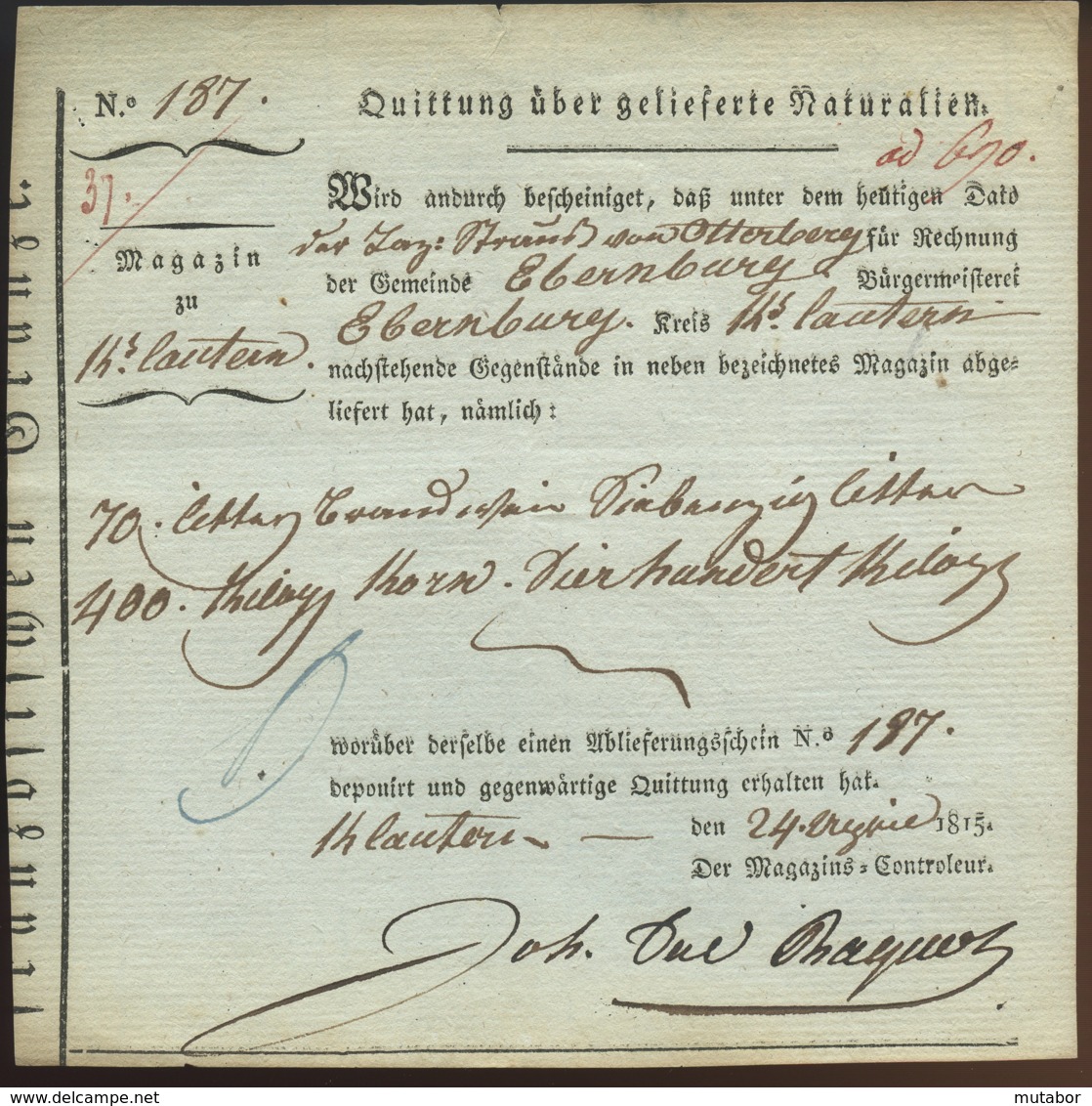 1815 Kaiserslautern Quittung über Gelieferte Naturalien - Documenti Storici