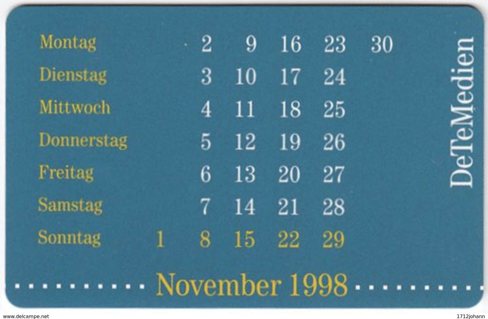 GERMANY O-Serie B-541 - 1399 11.97 - Calendar, November 1998 - MINT - O-Serie : Serie Clienti Esclusi Dal Servizio Delle Collezioni