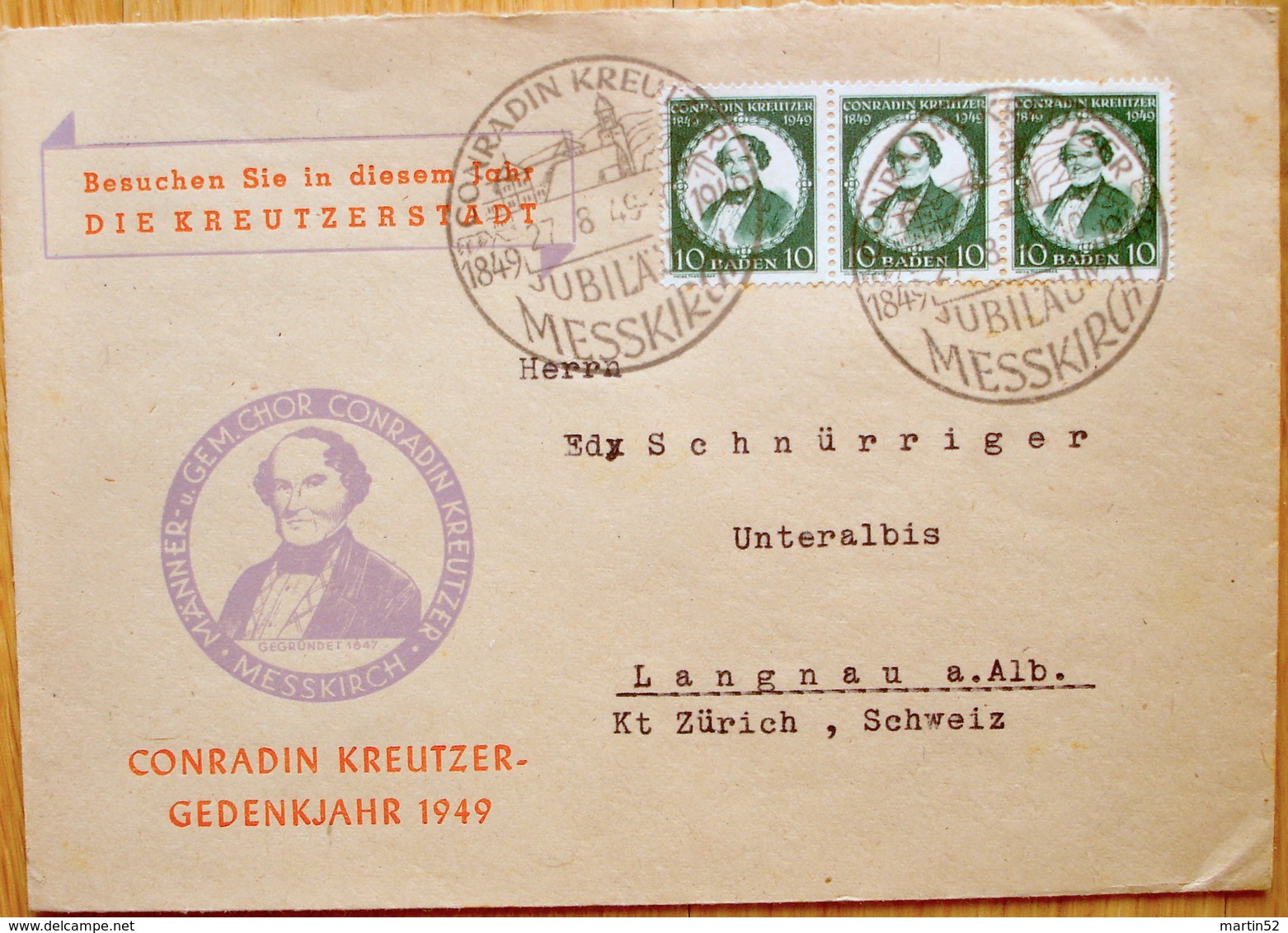 Baden 1949:  3x53 Als MeF Auf  FDC Mit O CONRADIN KREUTZER 27.8.49 JUBILÄUM MESSKIRCH (Michel Junior 2014 = 45 Euro) - Altri & Non Classificati