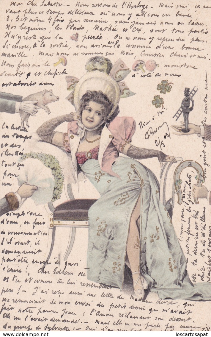 Cpa 1903  Femme Alanguie Sur Une Banquette Dorure Sur La Robe  Cochon Trèfle Fer à Cheval (lot Pat 96) - 1900-1949