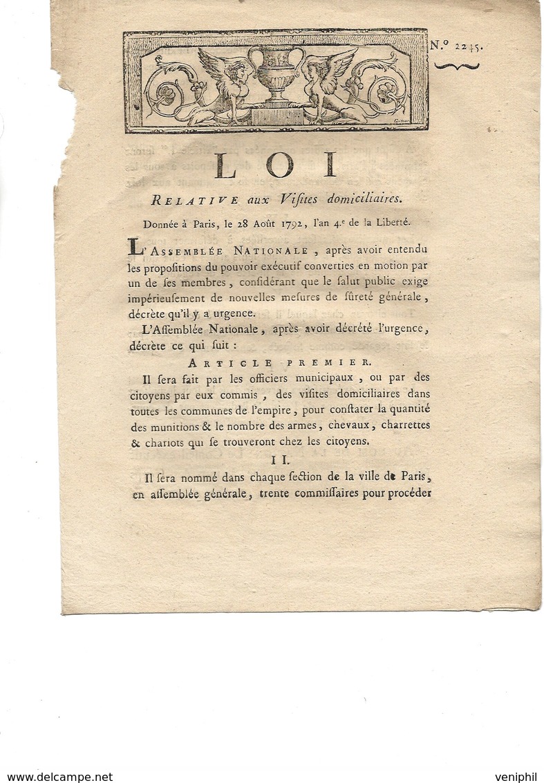 DECRET -LOI RELATIVE AUX VISITES DOMICILIAIRES -ANNEE 1792 - Décrets & Lois