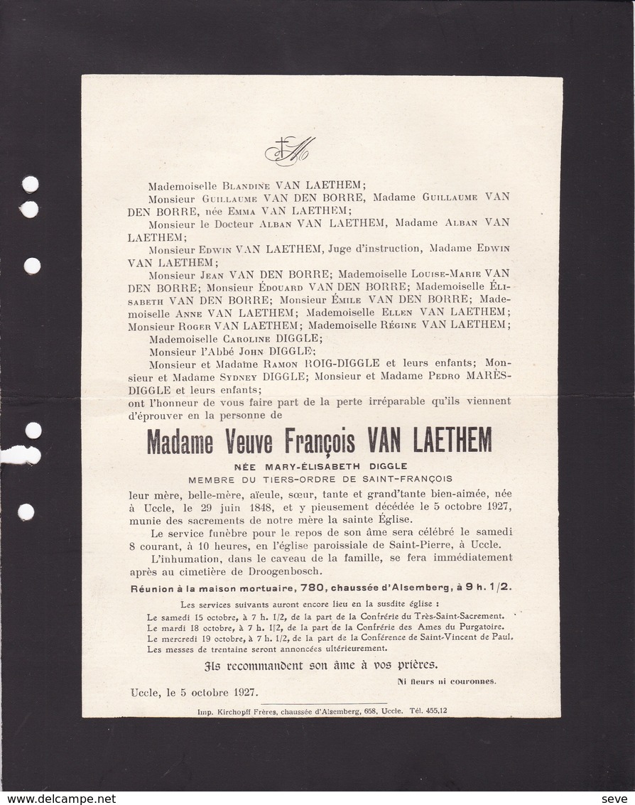 UCCLE DIGGLE Mary-Elisabeth Veuve François VAN LAETHEM 1848-1927 Famille VAN DEN BORRE BOIG Enterrée DROGENBOS - Décès