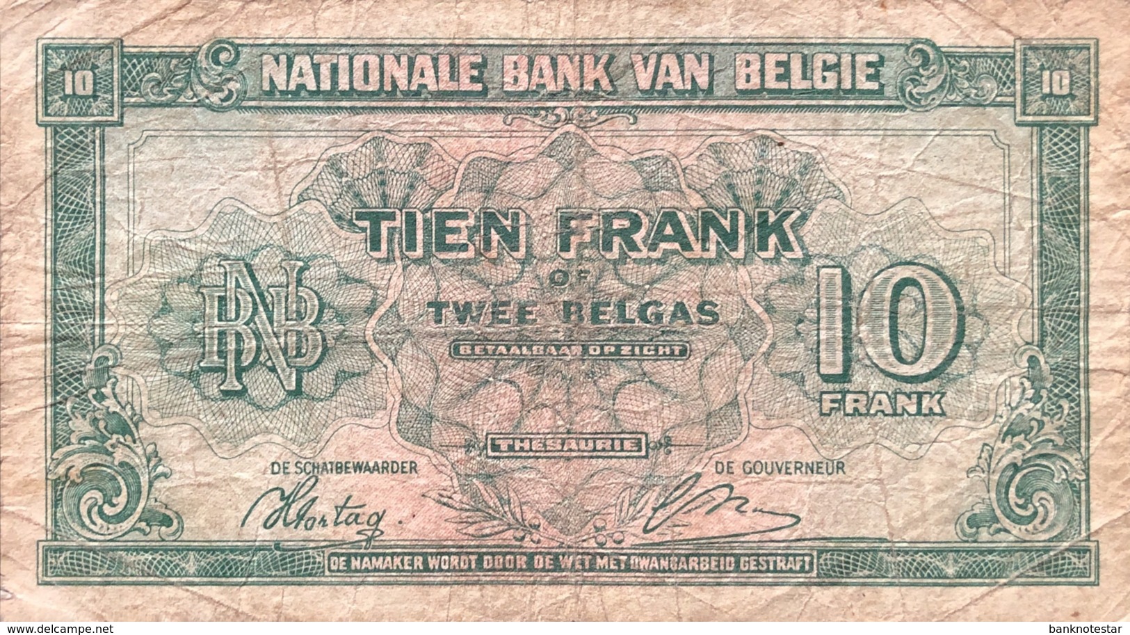 Belgium 10 Francs, P-122 (1.2.1943) - Good - 10 Francs-2 Belgas