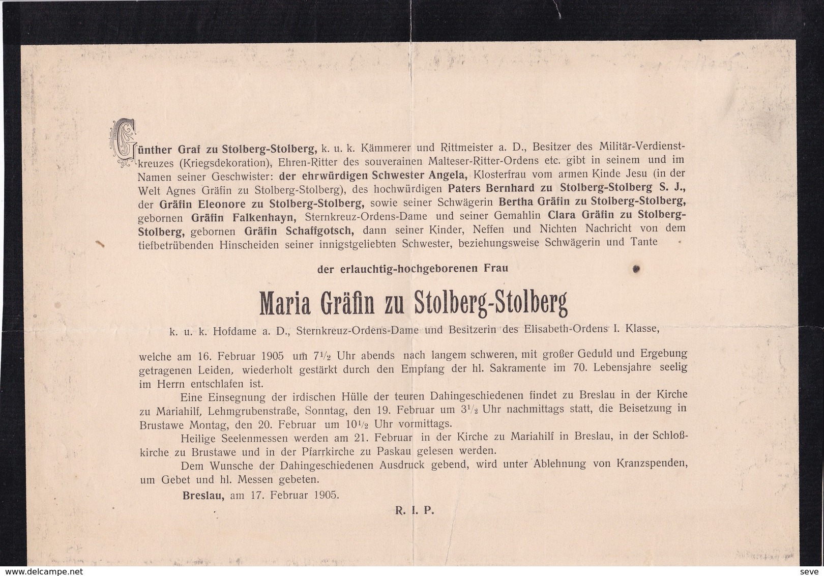 BRESLAU Maria Gräfin Zu STOLBERG-STOLBERG 70 Ans 1905 Format A4 Horizontal FALKENHAYN SCHAFFGOTSCH - Overlijden