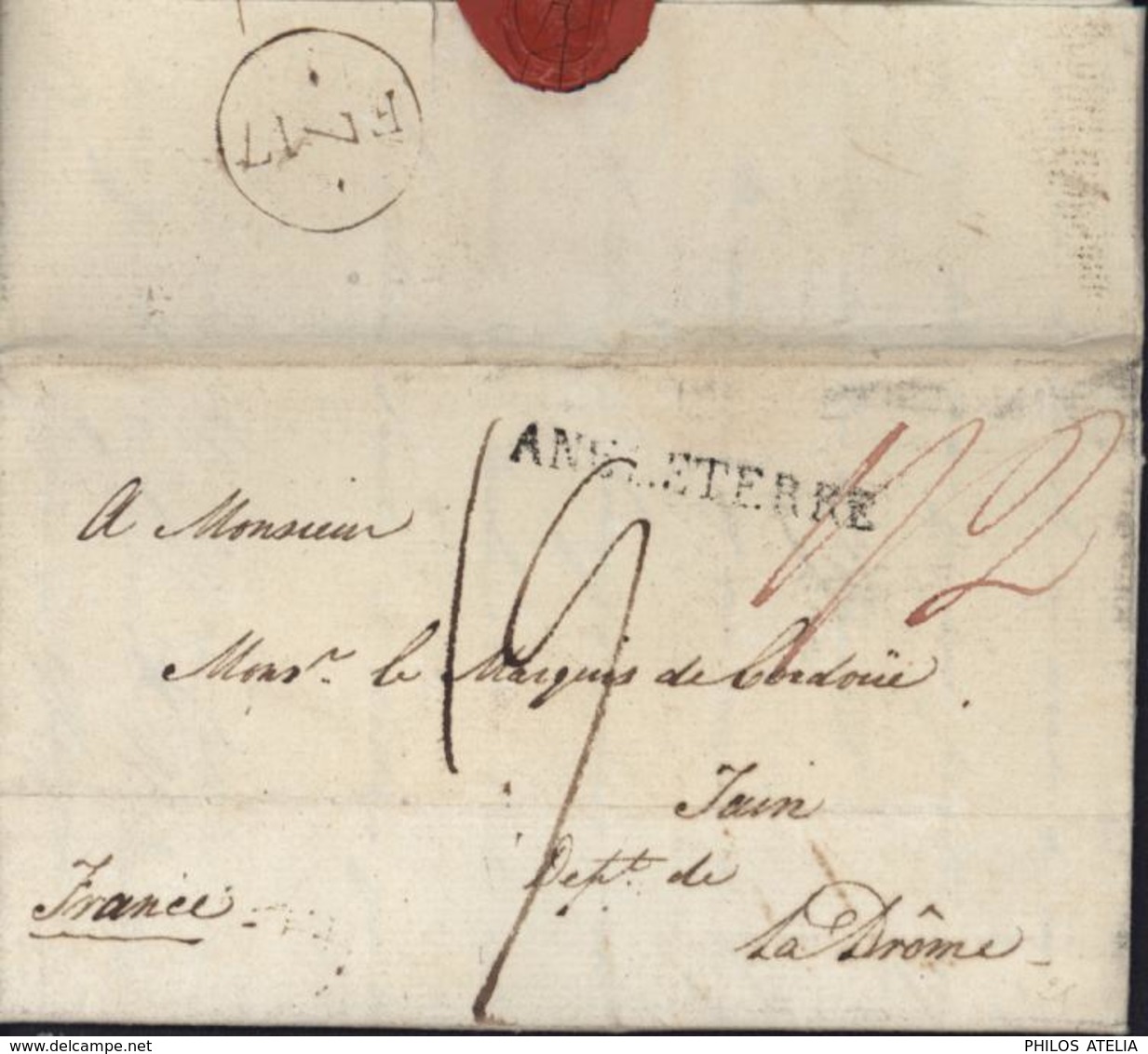 Lettre De Londres Pour La France MP Marque Postale ANGLETERRE Linéaire Taxe Manuscrite + Taxe 2 Rouge Verso FM 7 - 1801-1848: Précurseurs XIX