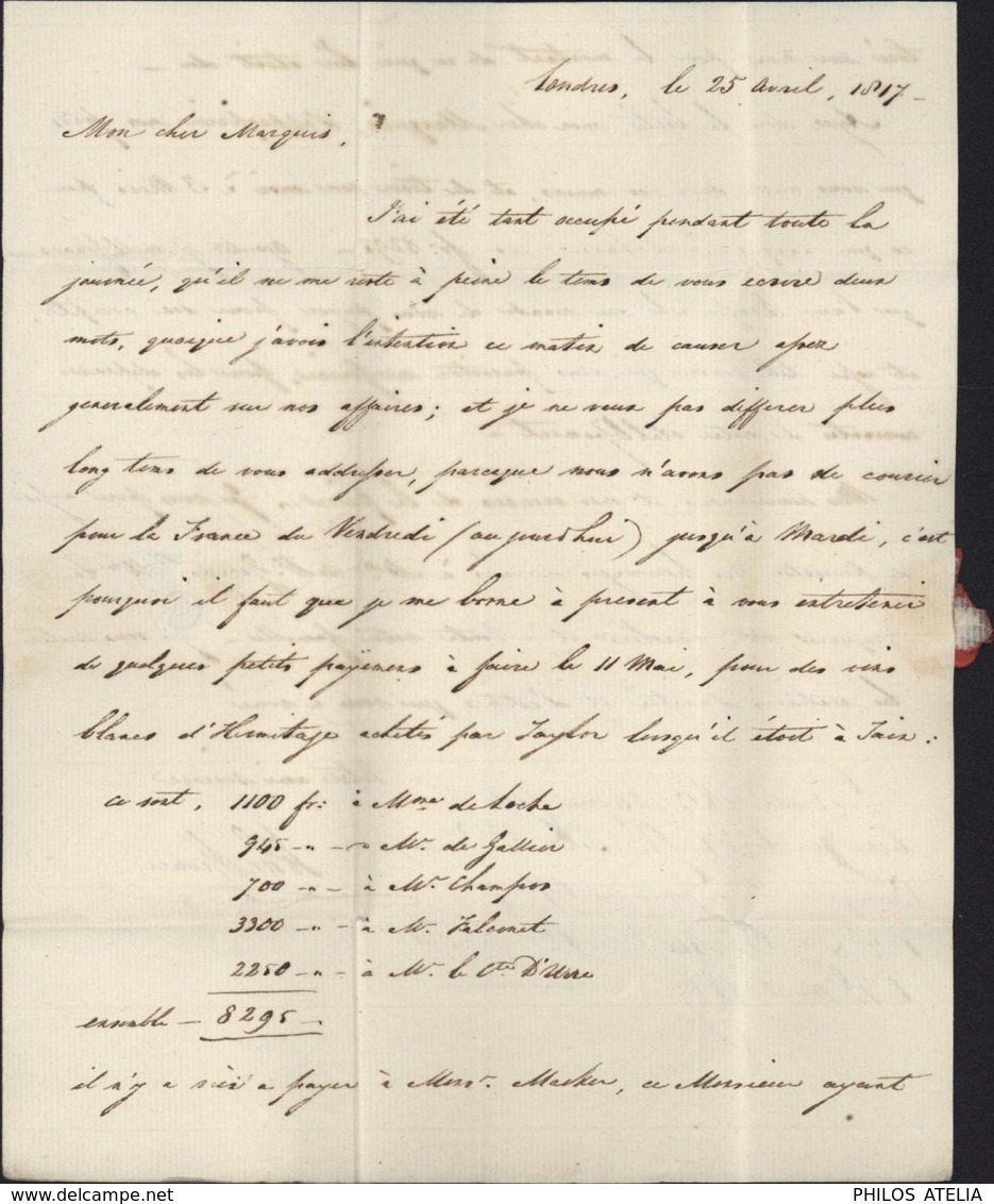 Lettre De Londres Pour La France MP Marque Postale ANGLETERRE Linéaire Taxe Manuscrite + Taxe 2 Rouge Verso FM 7 - 1801-1848: Précurseurs XIX