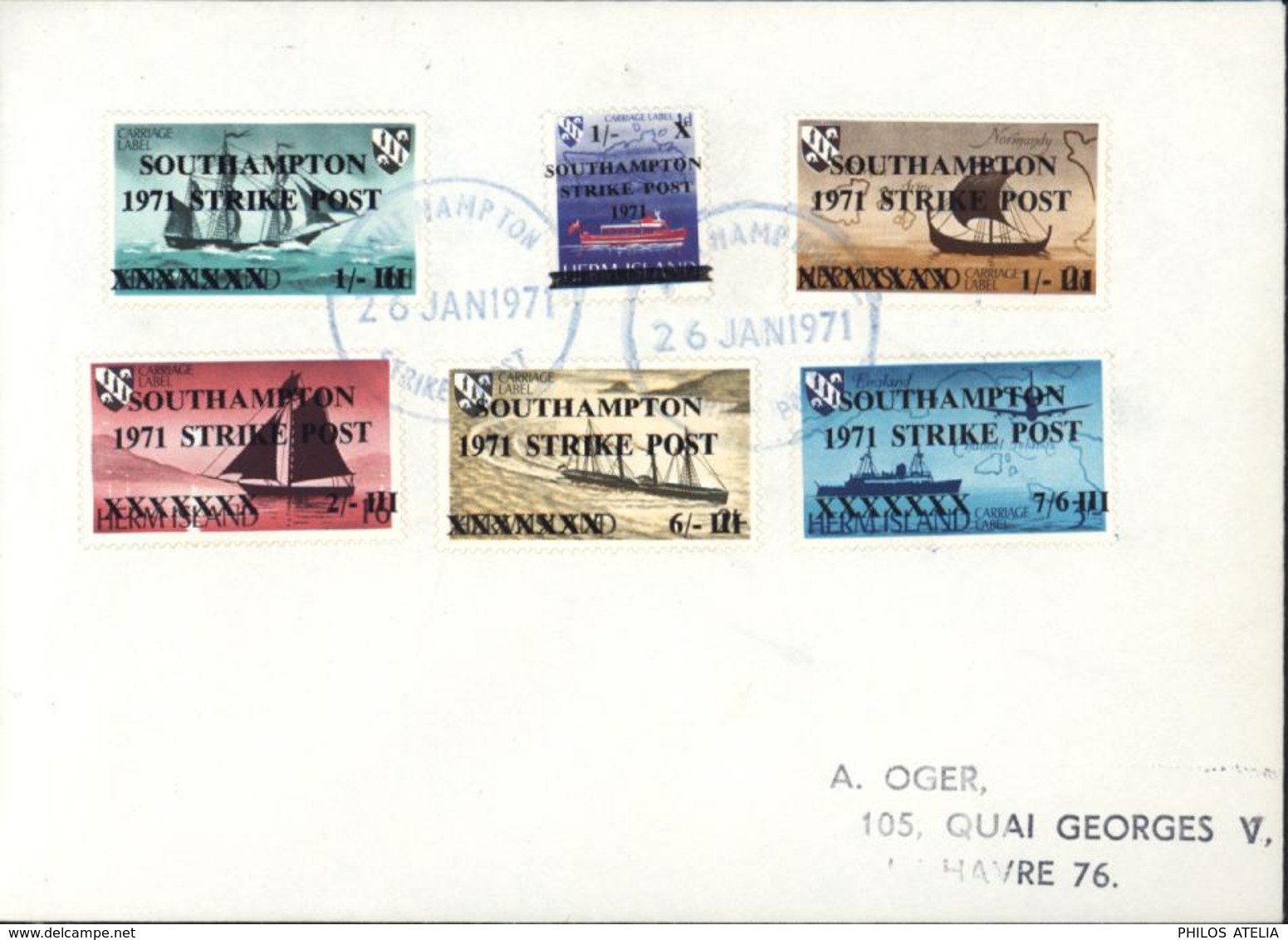 YT Carriage Label Herm Island Bateaux England Normandy ... Surchargés Southampton Strike Post 1971 CAD 26 Janvier 1971 - Emissione Locali