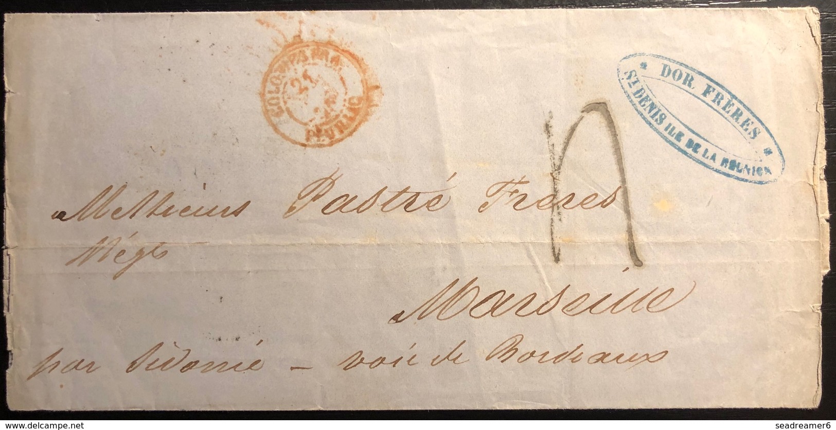 Réunion Lettre St Denis Du 11 Aout 1855 Taxe Tampon Dateur Rouge D'entrée "colonies Fra Pauillac" Intéressant ! - Lettres & Documents
