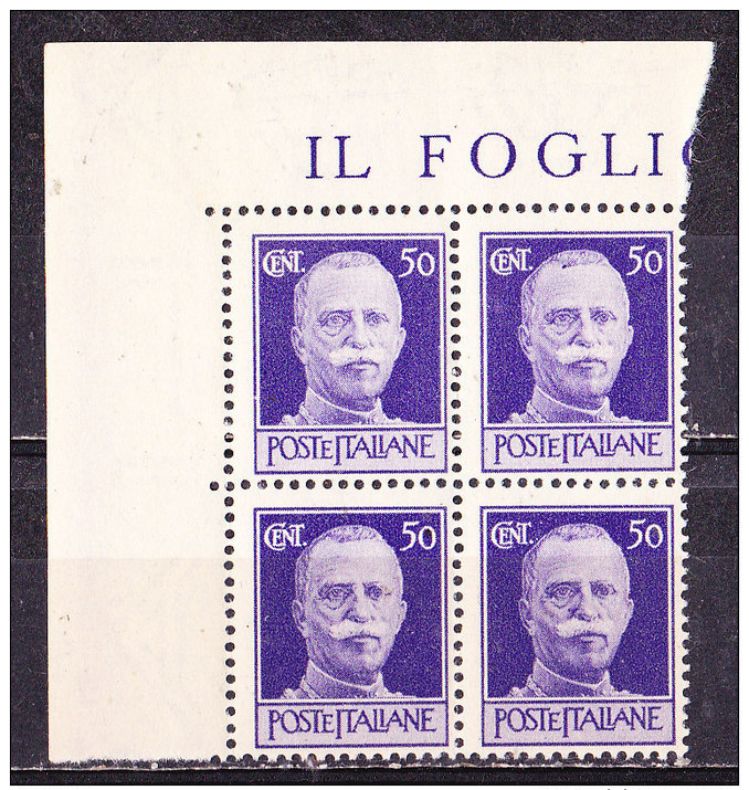 Italia 1944-Luogotenenza - Imperiale Senza Fasci Filigrana Corona Cent 50 Violetto Quartina  Nuova MNH**simile - Nuovi