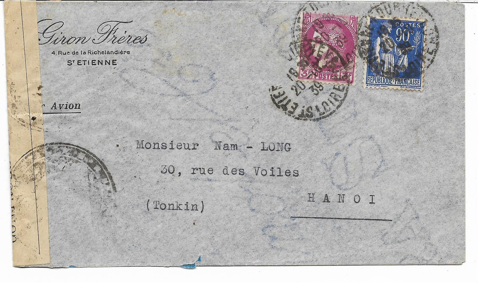 1939- Lettre Avec CONTROLE  POSTAL MILITAIRE  De GIRON FRERES ST ETIENNE Vers HANOI TONKIN- Type PAIX + CERES  -2 SCANS - WW II