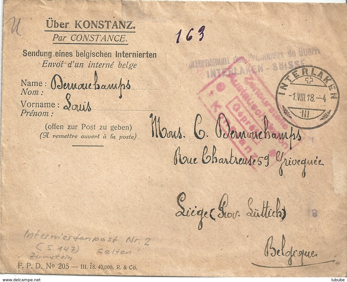 Kriegsgefangen Brief  Interlaken - Konstanz - Lüttich        1918 - Storia Postale