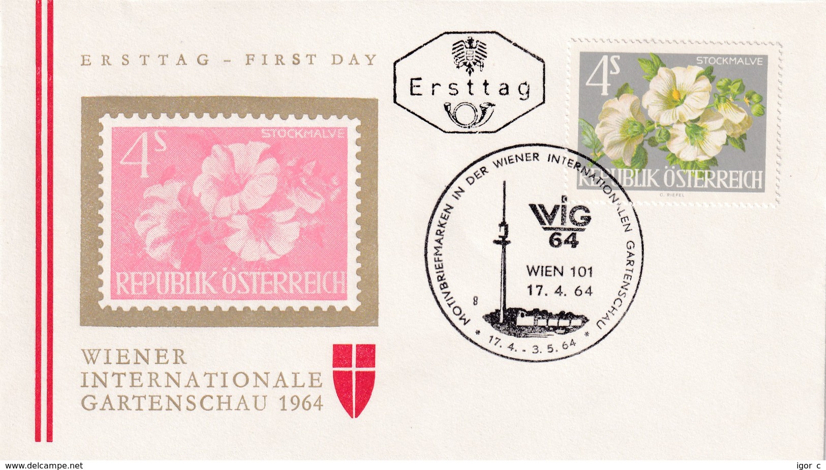 Austria 1964 Cover: Flora Flowers Fleur: WIG 64 Wien Wiener Internatioale Garden Schau; Stockmalve (Alcea Rosea) - Sonstige & Ohne Zuordnung