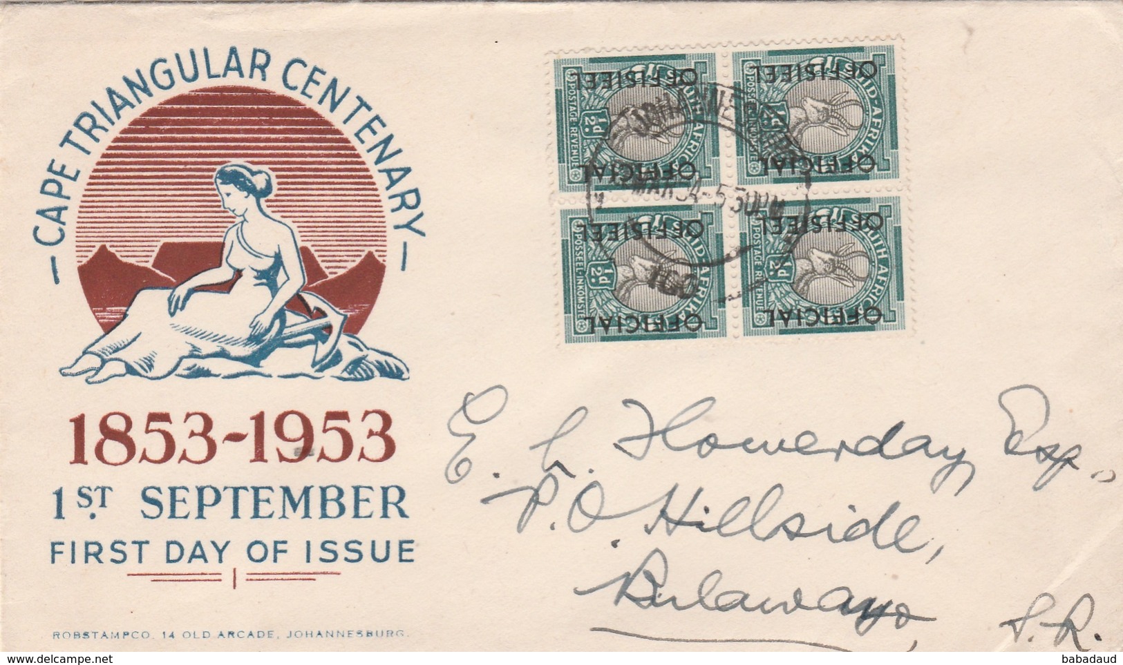 South Africa, Block Of 4, 1/2d Official Stamps SG  O39, JOHANNESBURG .. MAR 54 On Unrelated Envelope , - Officials