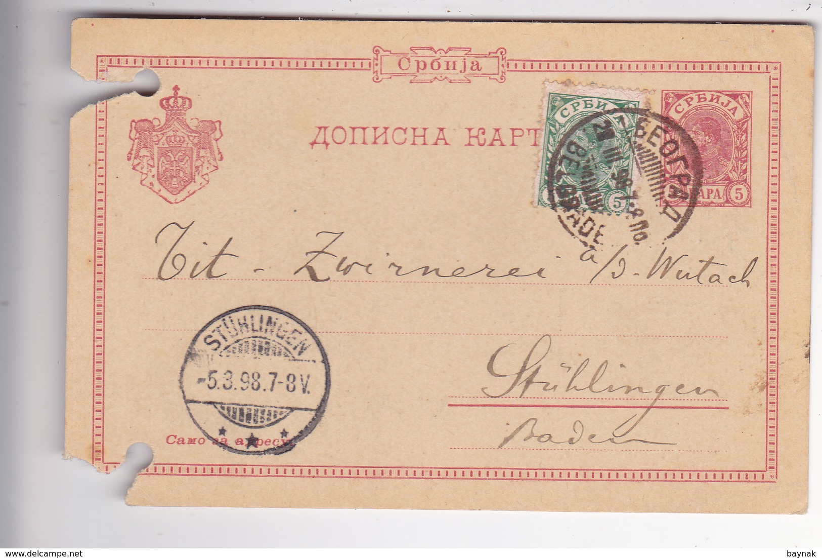 PRINCIPALITY OF SERBIA  --  SRBIJA  --  DOPISNICA  --  POSTAL STATIONERY  --  1898 /  NACH STUHLINGEN, SCHWEIZ - Serbien