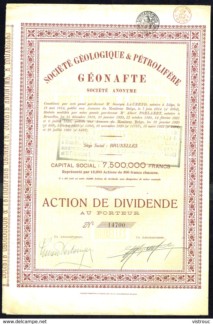 Société Géologique & Pétrolifère GEONAFTE S.A. - Action De DIVIDENDE AU PORTEUR - 18.000 EA - 1923 - Bruxelles. - Pétrole