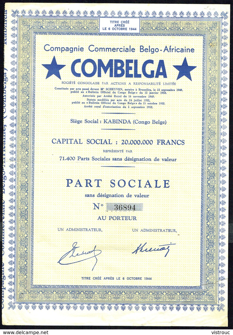 Cie Commerciale Belgo-Africaine COMBELGA - PART SOCIALE AU PORTEUR - 1952 - Bruxelles. - A - C