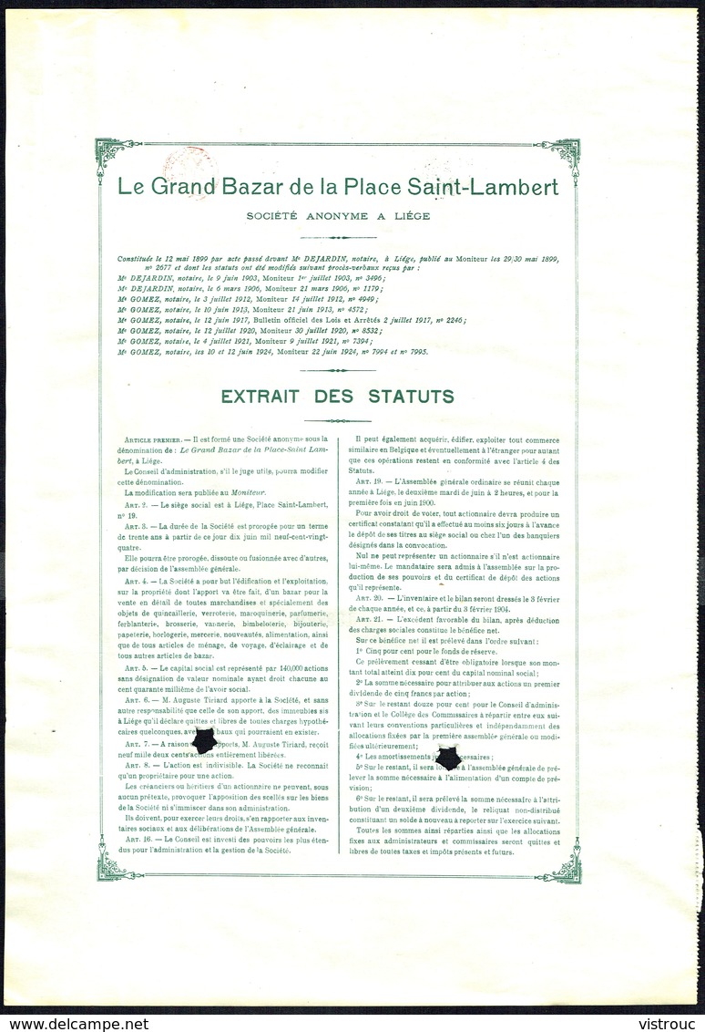 GRAND BAZAR DE LA PLACE SAINT-LAMBERT, Liège - BE - 1 ACTION Au PORTEUR - 1924 - G - I