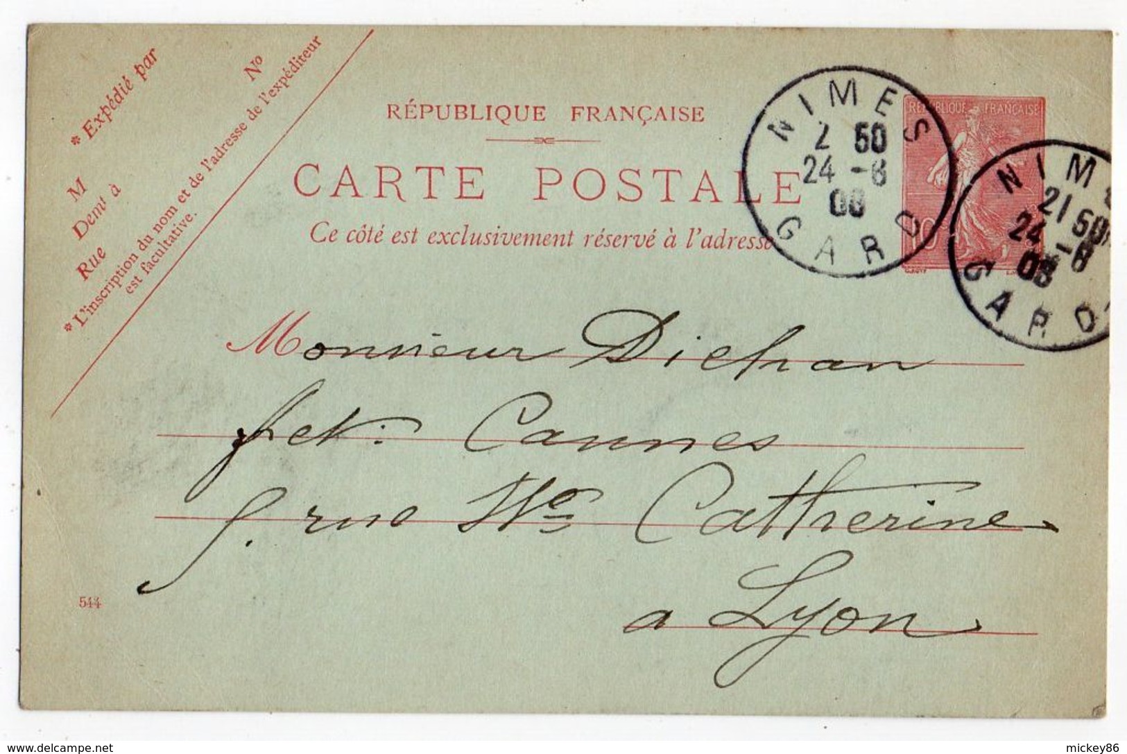 Entier Postal Semeuse Lignée --1906---n° 129 CP ( 544 ) --NIMES-30  Pour Lyon-69--cachets - Cartoline Postali E Su Commissione Privata TSC (ante 1995)