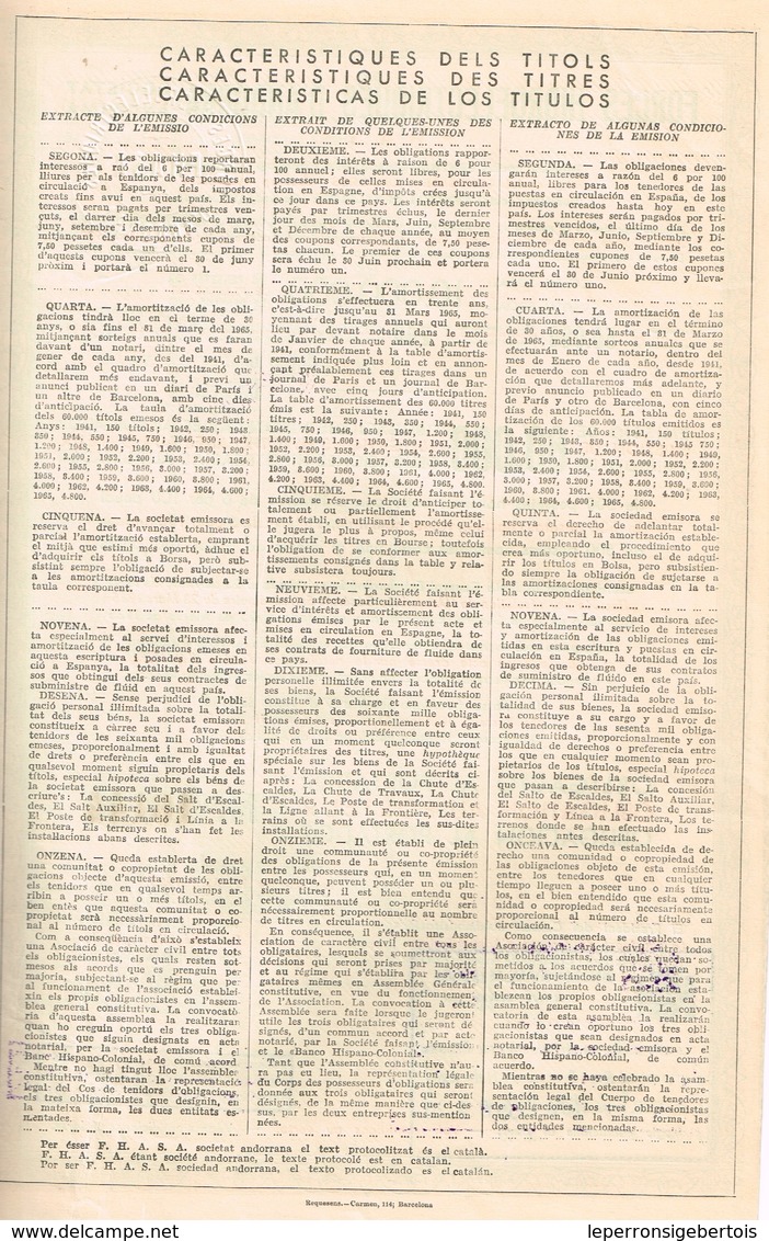 Titre Ancien - Forces Hydroélectriques D'Andorra - Obligation De 1935 - - Electricité & Gaz