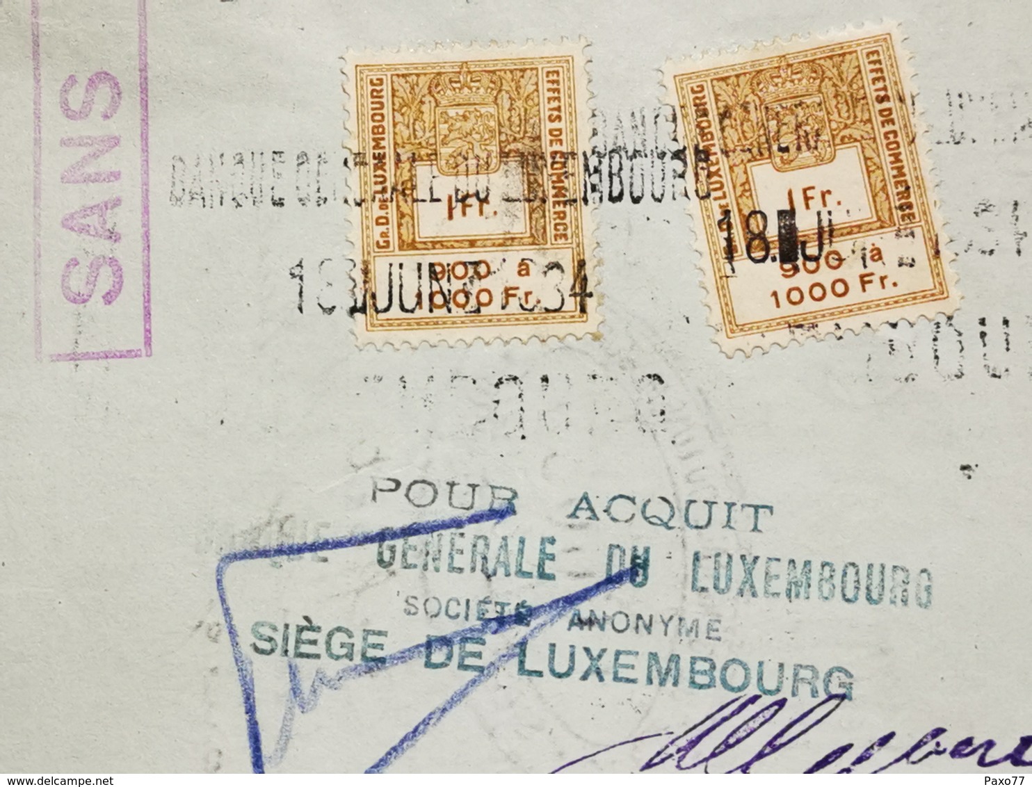 Luxembourg, Timbre Effets De Commerce, 1 + 1 Francs 1934 - Fiscaux