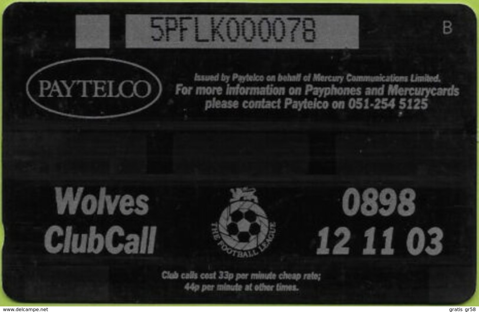 Mercury - GPT, Paytelco. PYF071, Wolverhampton Wanderers Photo, 5PFLK/*SB/S, Football Clubs, 108 Ex, Used - Mercury Communications & Paytelco