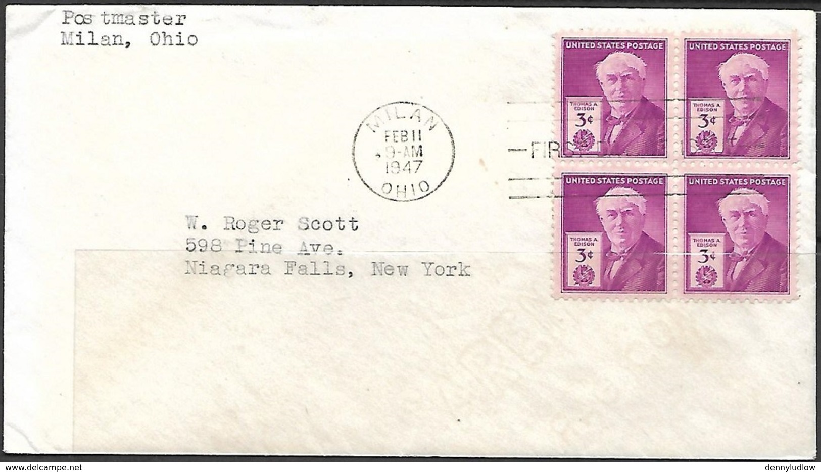 US  1947  Sc#945  3c Edison Block On FDC - 1941-1950