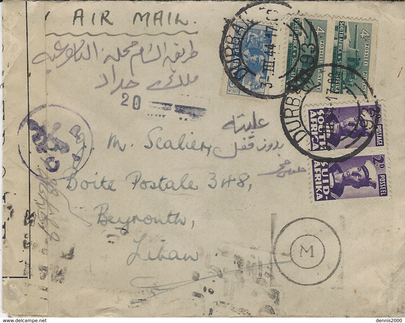 3-3-44 - WWII - Enveloppe De Durban ( Afrique Du Sud) Pour Beyrouth - Censure Française - Guerre De 1939-45