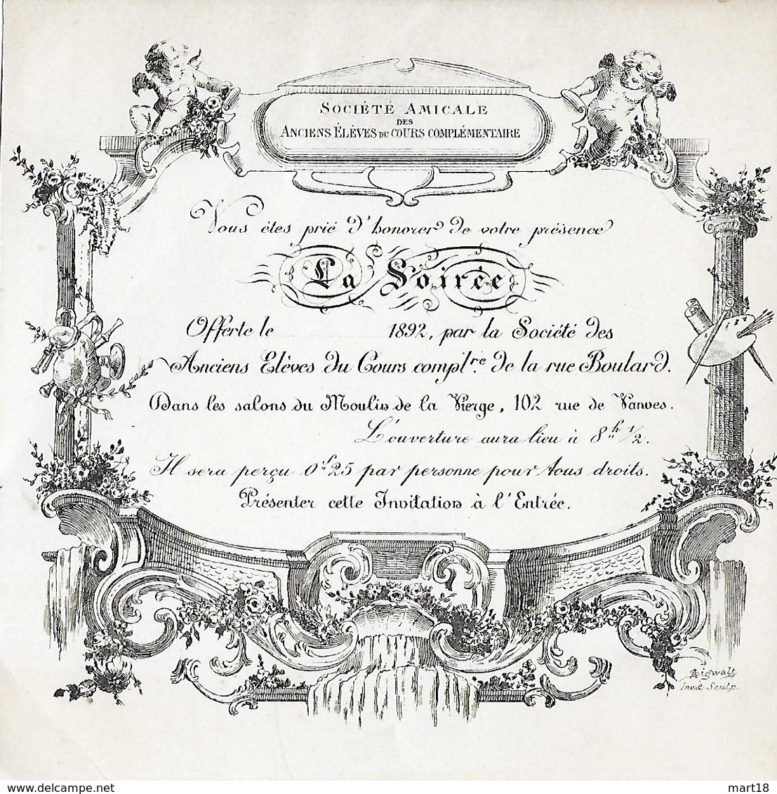 Carton D' Invitation - 1892 - Anciens Elèves Du Cours De La Rue Boulard (14 E ) - Cartoncini Da Visita