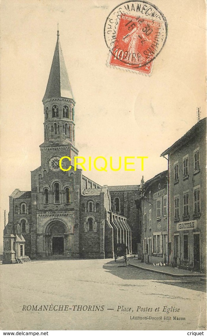 71 Romanèche-Thorins, Place, Postes Et Eglise, Affranchie 1911 - Sonstige & Ohne Zuordnung