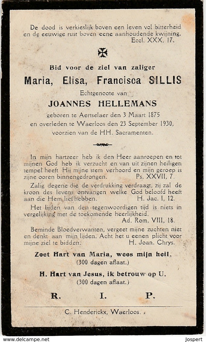 Aartselaar, Waarloos, 1930, Maria Sillis, Hellemans - Images Religieuses