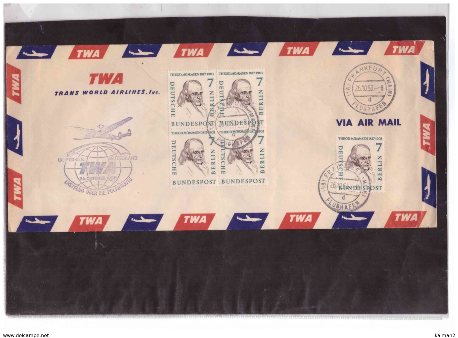 847  /   FRANKFURT A/M  26.10.1958   /  ERSTFLUG UEBER DIE POLARROUTE - TWA  CALIFORNIEN/DEUTSCHLAND - Avions