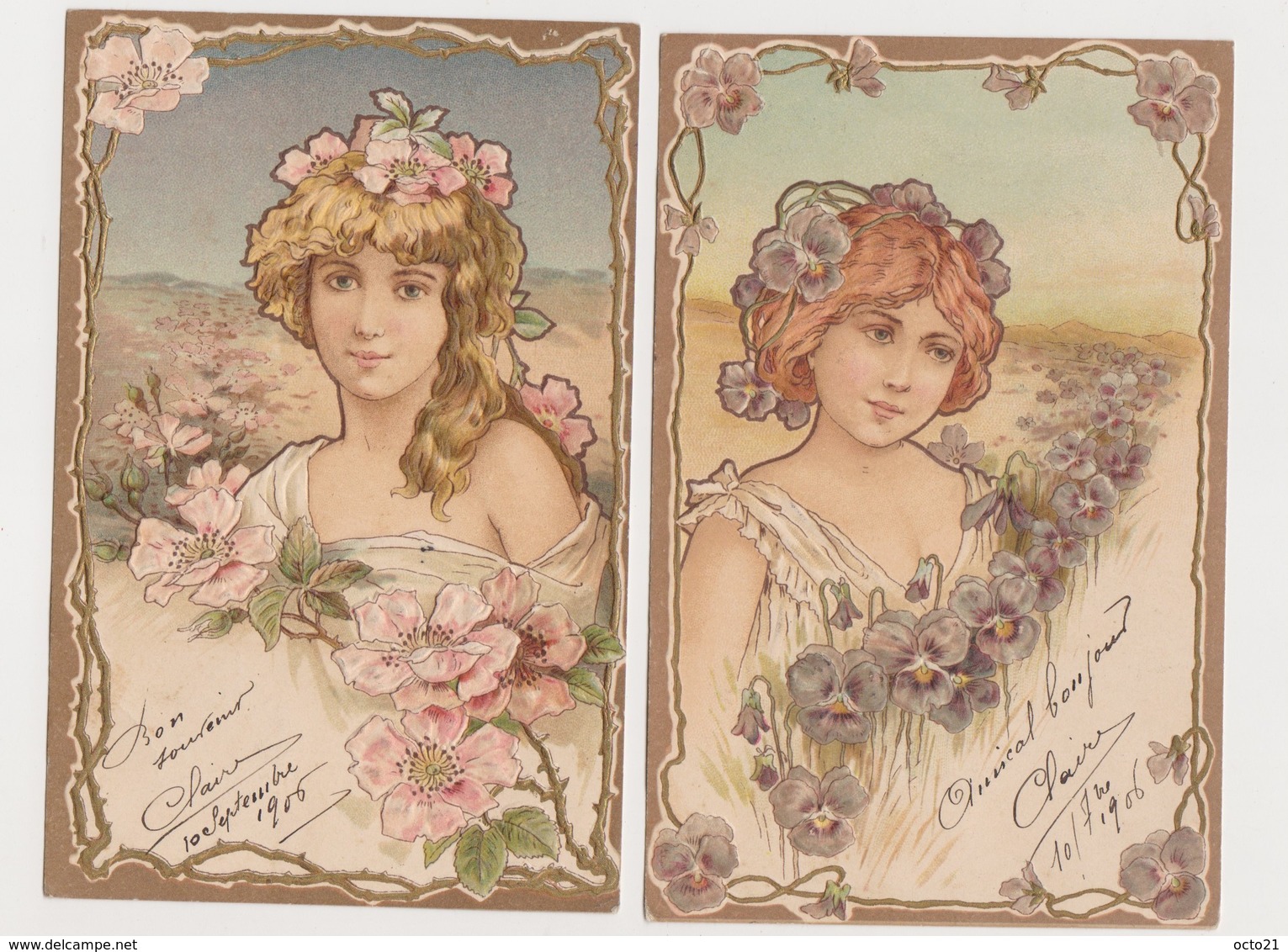 2 Jolies Cpa Fantaisie Gaufrées / Jeunes Femmes Et Fleurs ( Pensées , Aubépine ) - Femmes