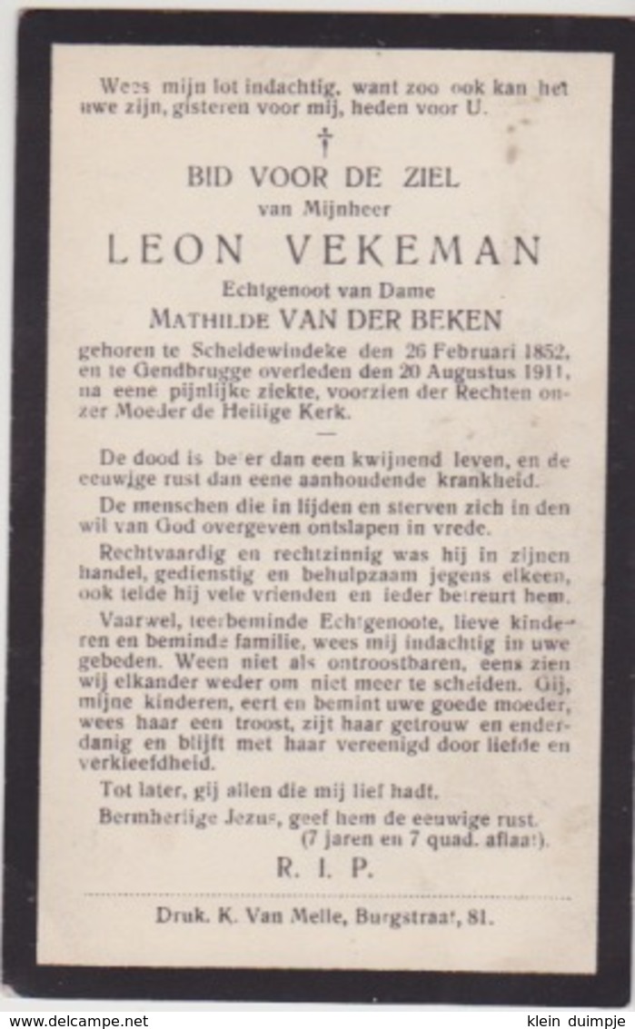 Doodsprentje Leon Vekeman. °Scheldewindeke, +Gentbrugge. Echtgen. Van Der Beken. - Décès