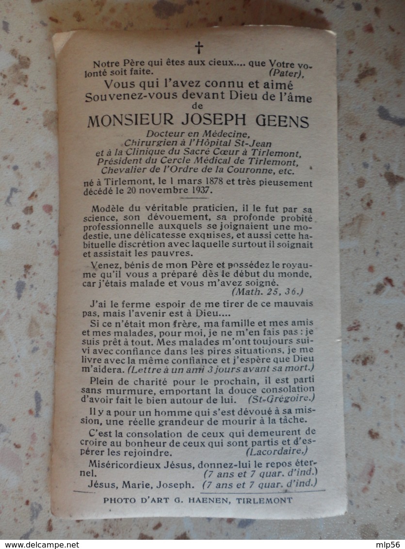 BELGIQUE TIRLEMONT FAIRE PART DECES DOCTEUR JOSEPH GEENS CHIRURGIEN A LA CLINIQUE LE 20 NOVEMBRE 1937 - Obituary Notices