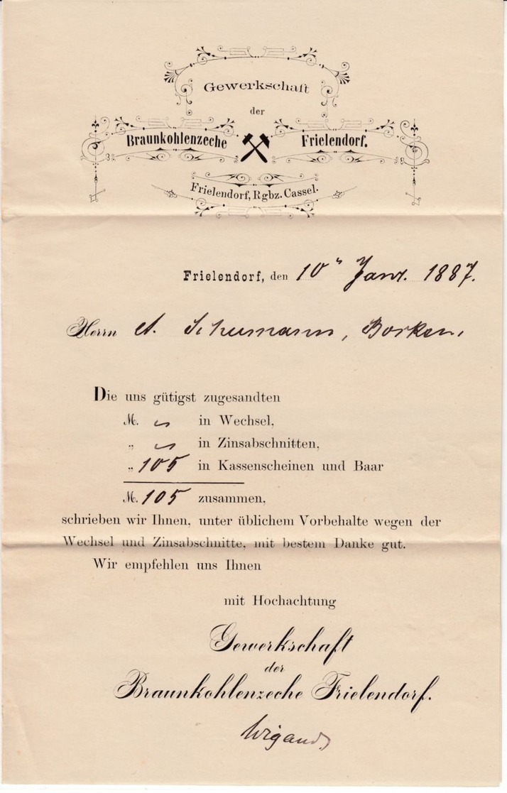 DR - 3 Pfg. Drucksache (Braunkohlezeche)  K1 Frielendorf - Borken 1887 - Briefe U. Dokumente