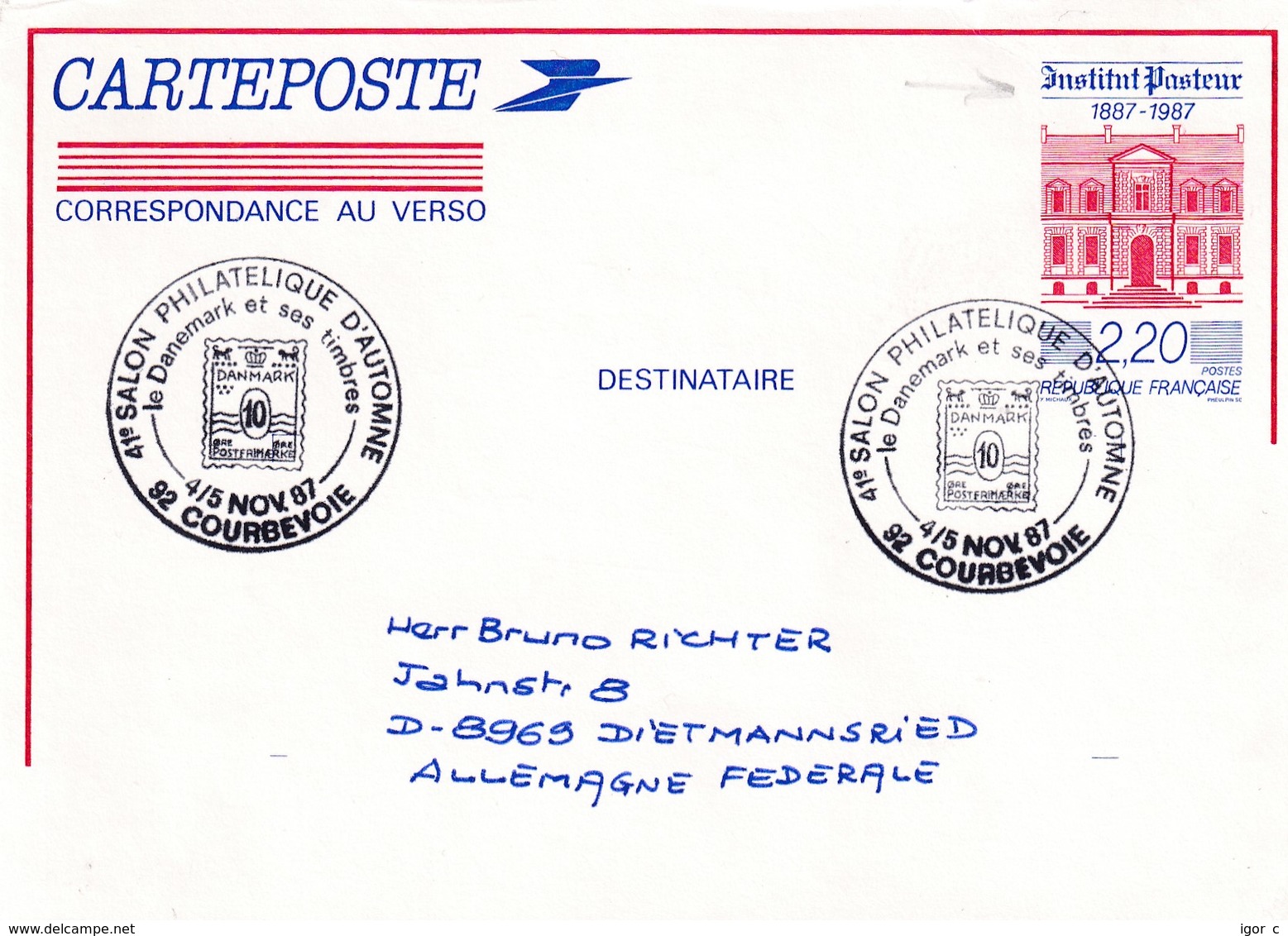 France 1987 Postal Stationery Card: Medicine Health Louis Pasteur Institute Building 100 Years - Medizin