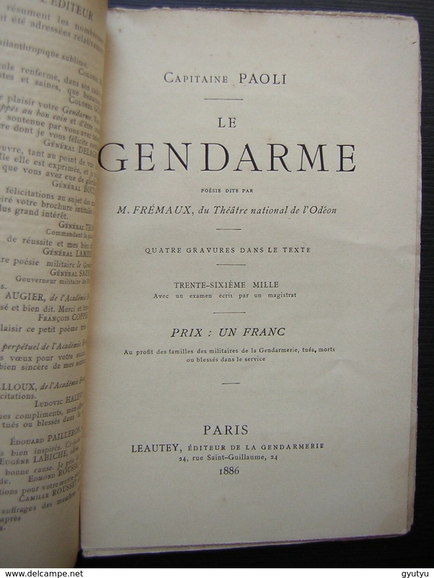 Le Gendarme 1886 Poésie Dite Par M. Frémaux Du Théâtre De L'odéon, 20 Pages Chez Lyautey, éditeur De La Gendarmerie - Auteurs Français
