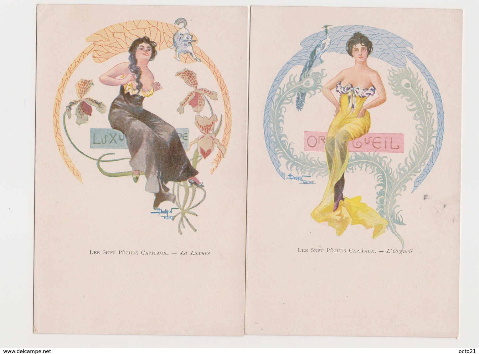 7cpa .A.Douhin .7 Pêchés Capitaux.Femmes Style Art Nouveau (orgueil,luxure,envie,avarice,gourmandise,paresse,colère - Autres & Non Classés