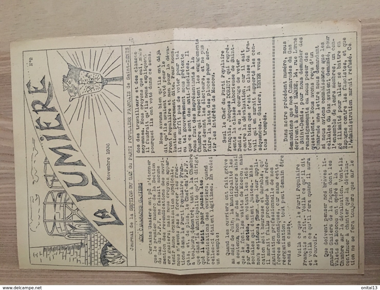 1936 JOURNAL LA LUMIERE SECTION DU GAZ  SAINT DENIS  / PPF / PARTI POPULAIRE FRANCAIS / DORIOT / ANTI COMMUNISME E33 - Documents Historiques