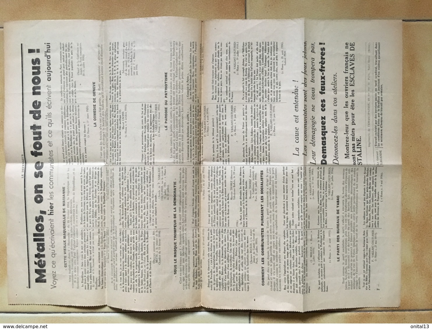 1936 JOURNAL LE DEFENSEUR DES METALLOS DE L'USINE RENAULT / PPF  PARTI POPULAIRE FRANCAIS / DORIOT / ANTI COMMUNISME E33 - Documents Historiques