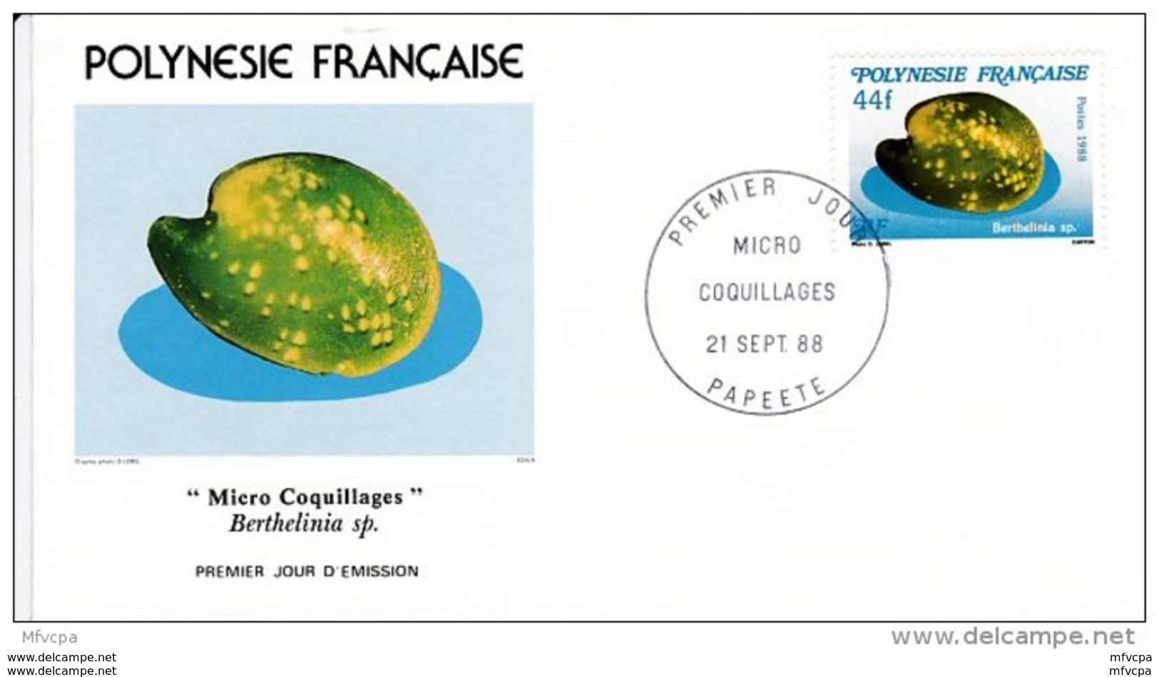 L4O218 POLYNESIE FRANCAISE 1988 Micro Coquillages FDC Berthelinia Sp, 44f Papeete 21 09 1988 / Envel.  Illus. - Coquillages