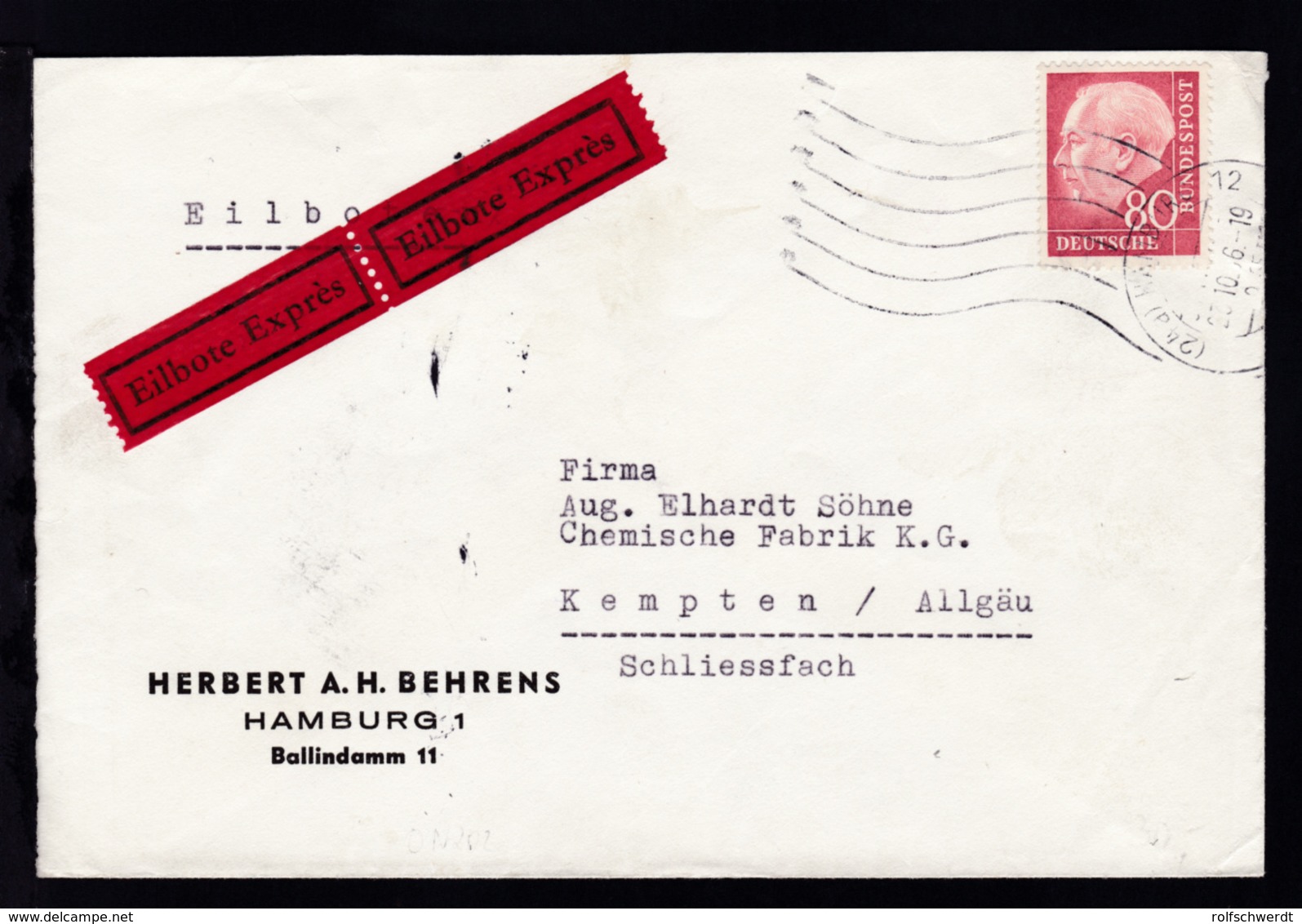 Heuss 80 Pfg. Auf Firmen-Eilbrief (Herbert A.H. Behrens, Hamburg) Ab Hamburg  - Other & Unclassified