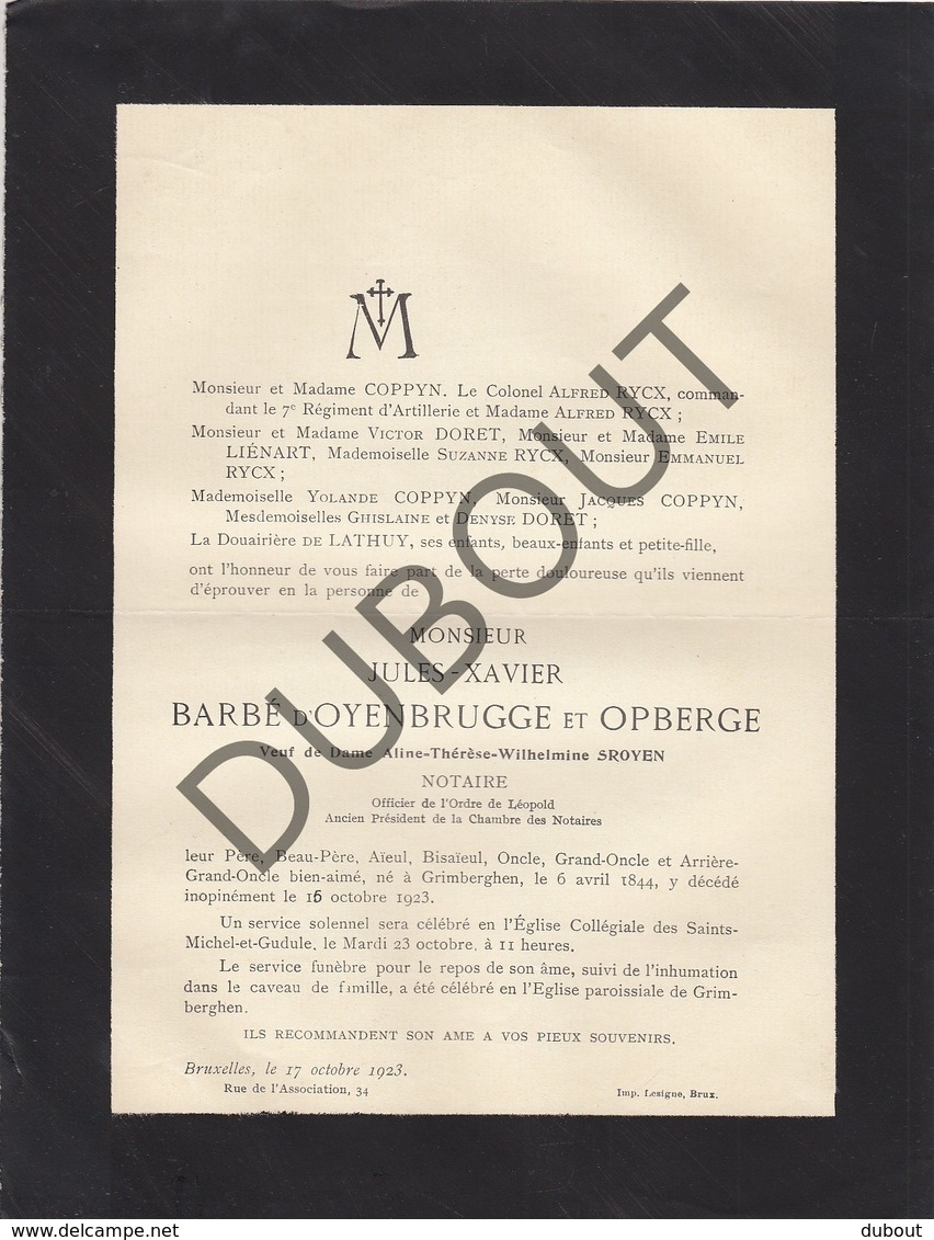Doodsbrief Notaire Jules-Xavier BARBE D'OYENBRUGGE Et OPBERGE °1844 Grimbergen †1923 Wwe Aline SROYEN (H95) - Obituary Notices
