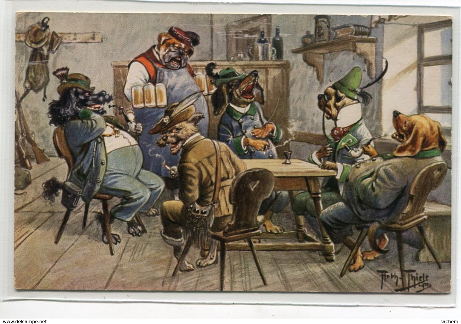 ILLUSTRATEUR Arthur THIELE  T.S.N Série 1175 - Chiens Humanisés Chasseurs à L'Auberge  Aubergiste Bieres      D19 2019 - Thiele, Arthur