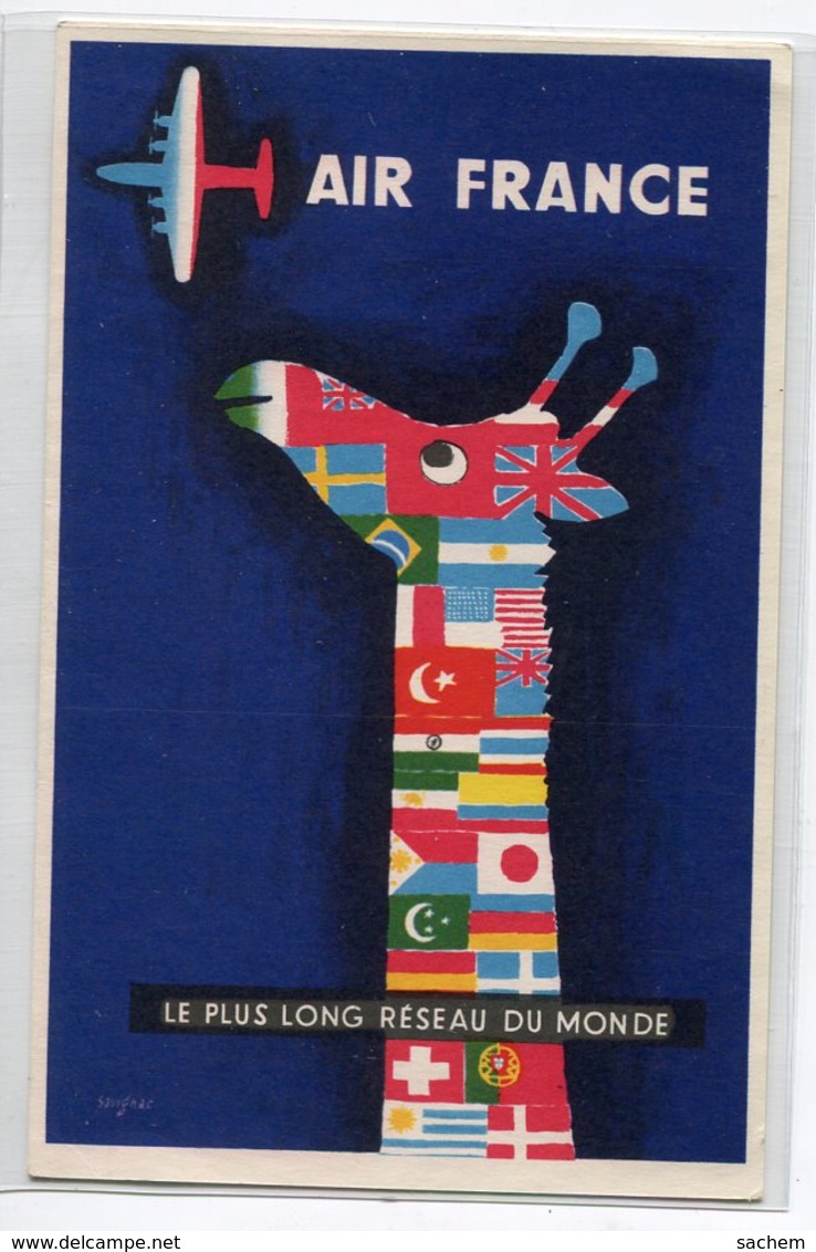 PUBLICITE AIR FRANCE Tirage 1958  La Girafe  Illustrateur SAVIGNAC Le Plus Long Réseau Du Monde    D19 2019 - Werbepostkarten